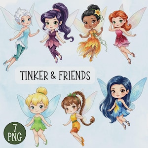 Może przedstawiać: Zestaw ilustracji cyfrowych zatytułowany TINKER & FRIENDS przedstawiający siedem bajkowych wróżek ze skrzydłami, z których każda ma na sobie kolorowe stroje w odcieniach niebieskiego, fioletowego, pomarańczowego, różowego, zielonego i żółtego, jako 7 plików PNG na jasnoniebieskim tle.