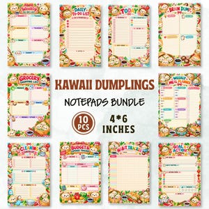 May include: A bundle of ten 4 by 6 inch notepads featuring colorful illustrations of dumplings. The set includes various planners for weekly tasks, daily to-do lists, grocery shopping, meal planning, cleaning, budgets, habits, and goals.
