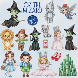 以下が含まれることがあります： OZ THE WIZARDと題された50個のPNGイラストのデジタルコレクション。ほうきに乗った緑色の肌の魔女、ブリキの人物、翼のある猿、ライオン、かかし、犬、少女、城など、ちびキャラ風のキャラクターが描かれています。