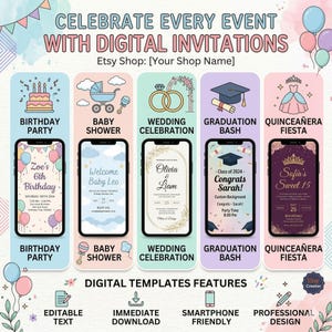 K&ouml;nnte beinhalten: Werbegrafik f&uuml;r digitale Einladungen, die Beispiele f&uuml;r Geburtstage, Babypartys, Hochzeiten, Abschlussfeiern und Quincea&ntilde;era-Veranstaltungen zeigt. Das Design umfasst Smartphone-Mockups mit Veranstaltungsdetails und Funktionen.