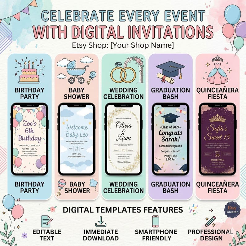 K&ouml;nnte beinhalten: Werbegrafik f&uuml;r digitale Einladungen, die Beispiele f&uuml;r Geburtstage, Babypartys, Hochzeiten, Abschlussfeiern und Quincea&ntilde;era-Veranstaltungen zeigt. Das Design umfasst Smartphone-Mockups mit Veranstaltungsdetails und Funktionen.