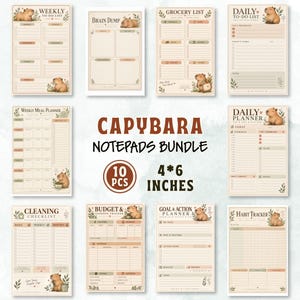 以下が含まれることがあります： カピバラのイラストが描かれた10.16 x 15.24 cmのメモ帳10冊セット。ウィークリーToDoリスト、ブレインダンプ、買い物リスト、デイリーToDoリスト、週間献立表、デイリープランナー、掃除チェックリスト、予算管理表、目標達成プランナー、習慣トラッカーが含まれています。