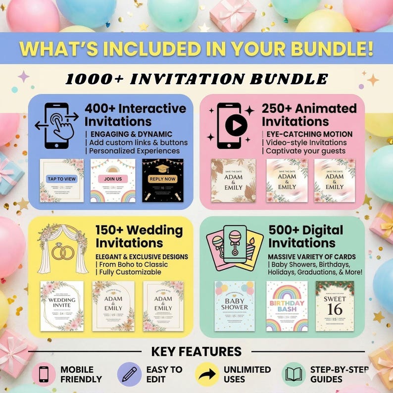 K&ouml;nnte beinhalten: Eine Werbegrafik f&uuml;r ein Einladungs-Bundle mit dem Text "1000+ Invitation Bundle". Sie hebt 400+ interaktive Einladungen, 250+ animierte Einladungen, 150+ Hochzeitseinladungen und 500+ digitale Einladungen hervor. Zu den wichtigsten Merkmalen geh&ouml;ren mobilfreundlich, einfach zu bearbeiten, unbegrenzte Nutzung und Schritt-f&uuml;r-Schritt-Anleitungen.