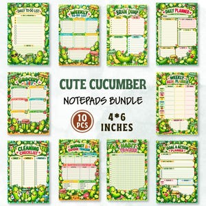 Può includere: Un set di dieci blocchi per appunti da 10,16 per 15,24 cm con motivi a tema cetriolo. Ogni blocco include intestazioni come Daily To-Do List, Weekly Planner, Grocery List, Budget & Expense Tracker e Habit Tracker, decorate con illustrazioni di cetrioli verdi.