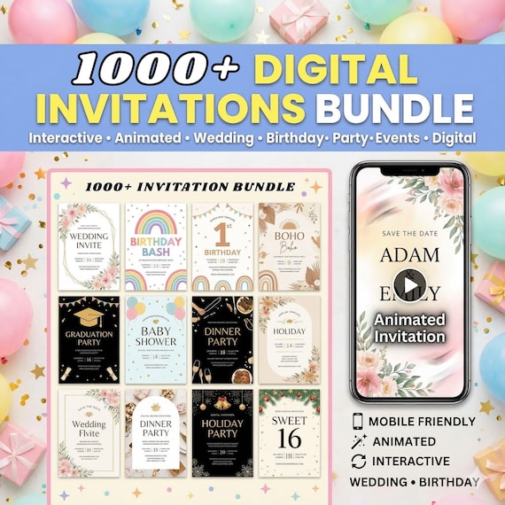 1000+ Digital Invitation Bundle, Editable Canva Invitation, Animated & Interactive Party Invitations, Wedding Birthday Baby Shower Templates