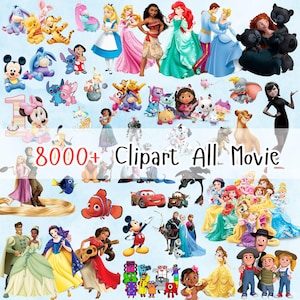 以下が含まれることがあります： 様々なアニメ映画のカラフルな漫画のキャラクターのクリップアートのコレクション。画像には、ディズニーのプリンセス、ミッキーマウス、くまのプーさん、その他の人気のアニメキャラクターが含まれています。テキストは「8000+ Clipart All Movie」と表示されています。