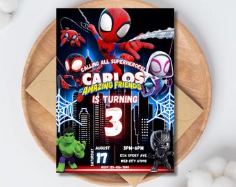 Invitación de cumpleaños de Spidey Friends y bolsa de patatas fritas (Se requiere Canva Pro)