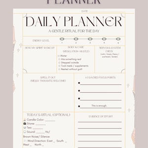 May include: A beige ADHD daily planner with the text "ADHD DAILY PLANNER" at the top. The planner includes sections for energy levels, body and care, and sacred focus points. It also has the text "SLOW IS SACRED."