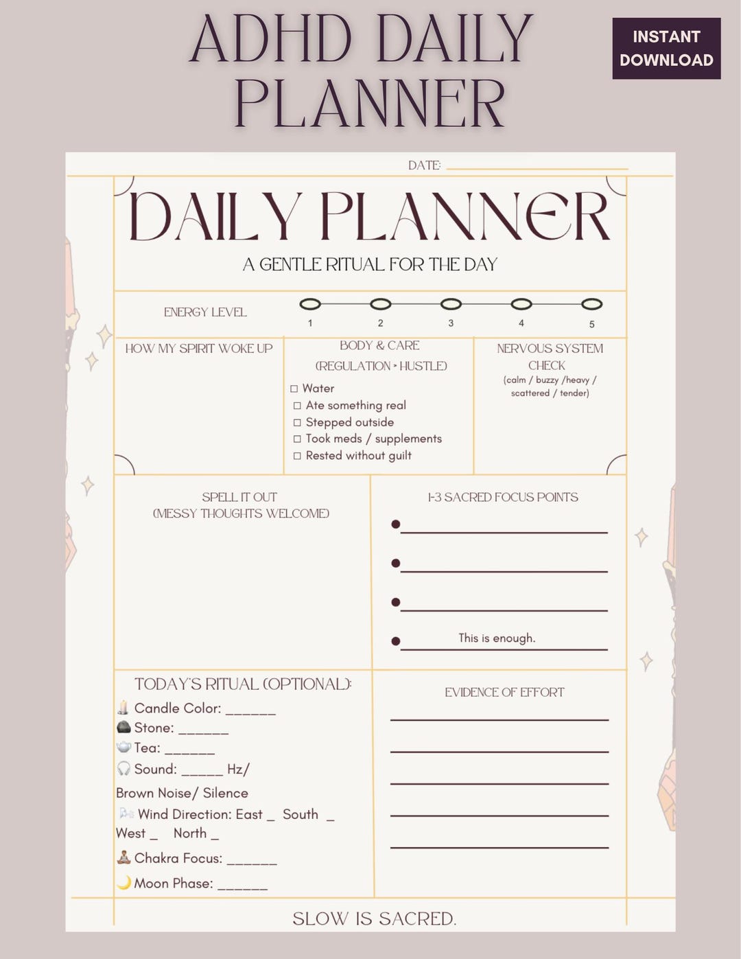 ADHD Daily Planner Printable PDF |gentle Ritual Page|witchy Gentle ...