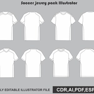 Puede incluir: Un paquete de plantillas digitales titulado Soccer jersey pack Illustrator que presenta ocho contornos de camisetas de fútbol blancas en vistas frontal y posterior con mangas cortas y varios cuellos, en formatos CDR, AI, PDF, ESP y JPG.