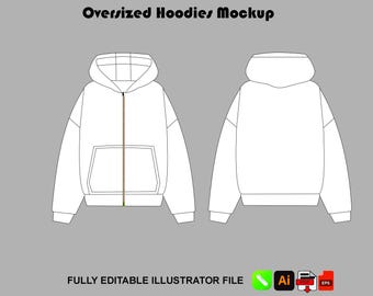 Vektor-Mockup für Kapuzenpullover mit Reißverschluss (Tech-Pack) – Adobe Illustrator (PNG) – Procreate – Streetwear-Skizze