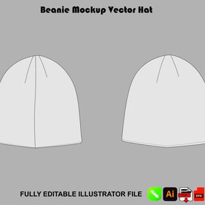 Może przedstawiać: Ilustracja wektorowa dwóch białych czapek typu beanie na szarym tle. Czapki pokazane są z przodu i z boku. Tekst "Beanie Mockup Vector Hat" znajduje się na górze, a "FULLY EDITABLE ILLUSTRATOR FILE" na dole.