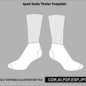 May include: A digital vector template of two sport socks shown in profile, featuring a ribbed cuff design. The text at the top reads Sport Socks Vector Template, and the bottom text reads FULLY EDITABLE ILLUSTRATOR FILE CDR,AI,PDF,ESP,JPG.