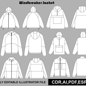 Könnte beinhalten: Eine digitale Modedesign-Vorlage mit zwölf schwarz-weißen Strichzeichnungen von Windbreaker-Jacken, die Vorder- und Rückansichten mit verschiedenen Kapuzen-, Reißverschluss- und Taschenkonfigurationen zeigen, beschriftet mit Windbreaker Jacket.