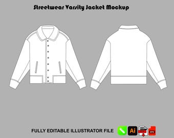Streetwear Varsity Jacket Mockup Vector Adobe Illustrator Procreate PNG Template Design SVG Tech Pack