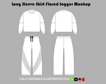 Streetwear-Trainingsanzug-Mockup: Langarmshirt, ausgestellte Jogginghose (Illustrator-Datei)
