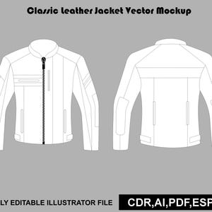 Könnte beinhalten: Ein Vektor-Mockup einer klassischen Lederjacke, dargestellt von vorne und hinten, mit zentralem Reißverschluss, Kragen und Paneel-Details. Der Text lautet Classic leather Jacket Vector Mockup und FULLY EDITABLE ILLUSTRATOR FILE CDR,AI,PDF,ESP,JPG.