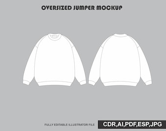 Oversized Crewneck Sweatshirt Vektor Mockup Fashion Tech Pack Vorlage Illustrator Zeichnung (Digitale Datei)