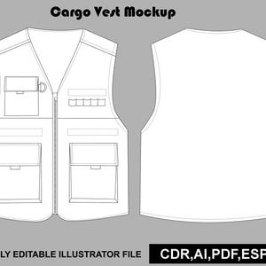 Puede incluir: Un dibujo lineal blanco de un chaleco cargo que muestra las vistas frontal y posterior con el texto Cargo Vest Mockup en la parte superior y FULLY EDITABLE ILLUSTRATOR FILE CDR,AI,PDF,ESP,JPG en la parte inferior. El chaleco tiene cremallera.