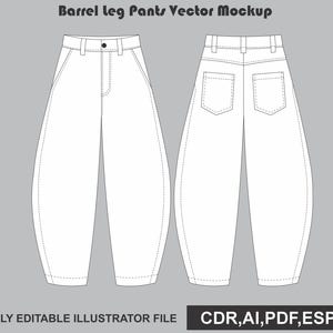 Barrel Leg Pants Vector Mockup Template | Fashion Tech Pack | Flat Sketch | Illustrator