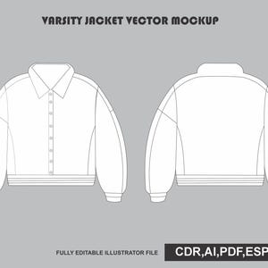 Könnte beinhalten: Eine weiße Strichzeichnung einer Collegejacke von vorne und hinten, mit Kragen, durchgehender Knopfleiste und gerippten Bündchen. Der Text lautet VARSITY JACKET VECTOR MOCKUP und FULLY EDITABLE ILLUSTRATOR FILE CDR, AI, PDF, ESP, JPG.