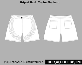 Gestreifte Shorts – Vektor-Mockup – Streetwear-Sportshorts – Tech-Pack – Adobe Illustrator AI – PNG