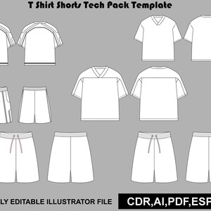 Puede incluir: Una plantilla de paquete técnico de camiseta y pantalón corto con dibujos lineales blancos de varias camisetas y pantalones cortos, mostrando vistas frontales y traseras. El texto dice T Shirt Shorts Tech Pack Template y FULLY EDITABLE ILLUSTRATOR FILE CDR,AI,PDF,ESP,JPG.