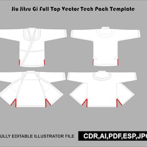 Op de afbeelding: Een Jiu Jitsu Gi top vector tech pack sjabloon met vier witte kledingstukweergaven met rode zijaccenten. De tekst luidt Jiu Jitsu Gi Full Top Vector Tech Pack Template en Fully Editable Illustrator File CDR, AI, PDF, ESP, JPG.