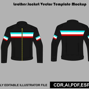 May include: A black leather jacket vector template mockup showing front and back views. The jacket features a yellow zipper and horizontal stripes in light blue, white, and red across the chest and sleeves. Text reads: Leather Jacket Vector Template Mockup, FULLY EDITABLE ILLUSTRATOR FILE, CDR, AI, PDF, ESP, JPG.