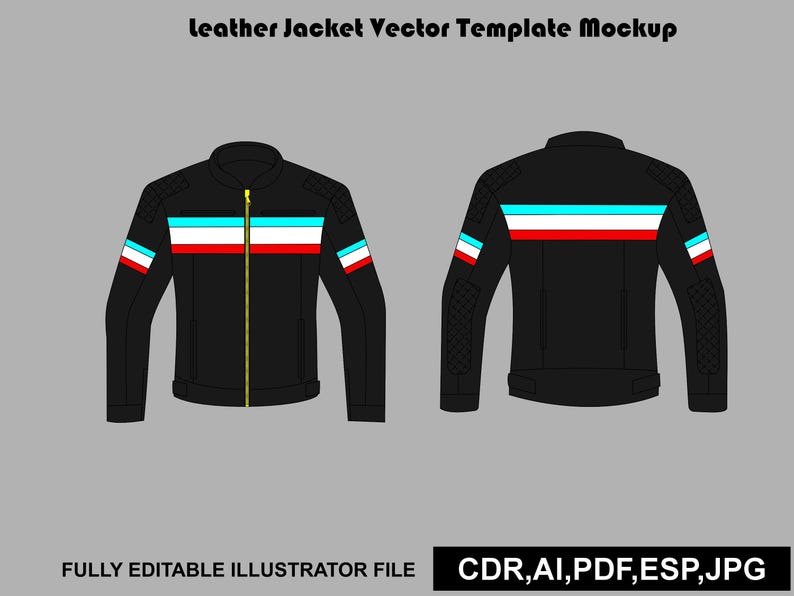May include: A black leather jacket vector template mockup showing front and back views. The jacket features a yellow zipper and horizontal stripes in light blue, white, and red across the chest and sleeves. Text reads: Leather Jacket Vector Template Mockup, FULLY EDITABLE ILLUSTRATOR FILE, CDR, AI, PDF, ESP, JPG.