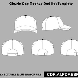 May include: A digital template titled Classic Cap Mockup Dad Hat Template, featuring line art illustrations of a baseball cap from front, side, and back views. The back views show different strap closure styles. Text at the bottom reads FULLY EDITABLE ILLUSTRATOR FILE and CDR, AI, PDF, ESP, JPG.