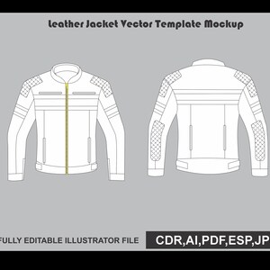 May include: A leather jacket vector template mockup showing front and back views with quilted shoulder and elbow panels, a central yellow zipper, and the text "leather Jacket Vector Template Mockup" and "FULLY EDITABLE ILLUSTRATOR FILE CDR,AI,PDF,ESP,JPG".