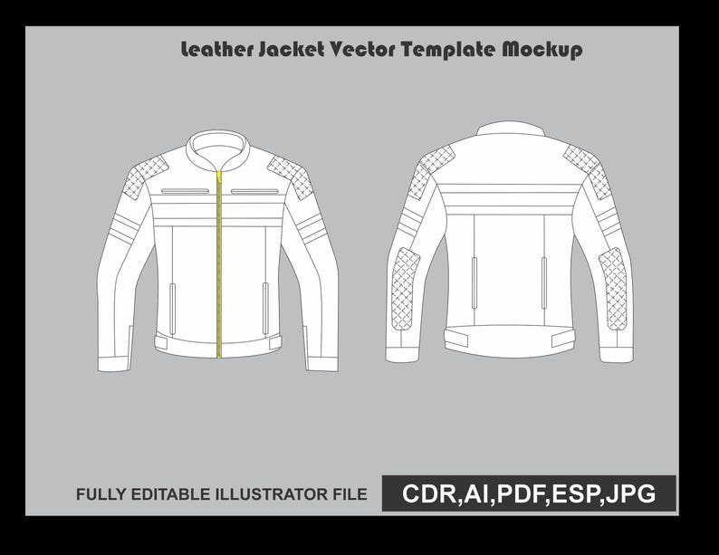 May include: A leather jacket vector template mockup showing front and back views with quilted shoulder and elbow panels, a central yellow zipper, and the text "leather Jacket Vector Template Mockup" and "FULLY EDITABLE ILLUSTRATOR FILE CDR,AI,PDF,ESP,JPG".