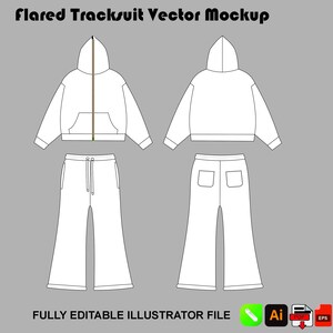 Puede incluir: Una maqueta vectorial de un chándal blanco acampanado, que incluye una chaqueta con capucha y cremallera y pantalones a juego con cordón y bolsillos. El texto "Flared Tracksuit Vector Mockup" está en la parte superior y "FULLY EDITABLE ILLUSTRATOR FILE" en la inferior.