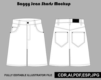 Baggy-Jeansshorts-Vektor-Mockup Streetwear Denim Tech Pack Vorlage AI PNG Procreate Sketch