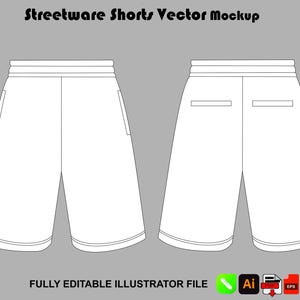 Streetwear Shorts Mockup Vector Tech Pack Template Fashion Flat Drawing | Illustrator & Procreate Clothing Mockup