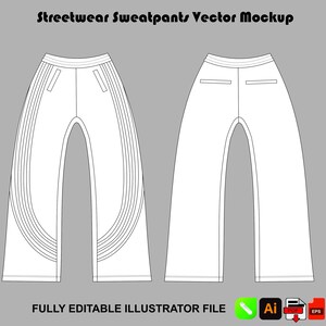 Op de afbeelding: Een digitaal vector-mockup van streetwear-joggingbroeken met voor- en achteraanzichten in wit met zwarte contouren. De tekst Streetwear Sweatpants Vector Mockup en FULLY EDITABLE ILLUSTRATOR FILE verschijnen met iconen voor bestandsformaten.
