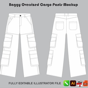 May include: A technical fashion sketch of baggy oversized cargo pants shown from the front and back views. The design features multiple large side pockets, a waistband with a button closure, and back pockets. Text reads Baggy Oversized Cargo Pants Mockup.