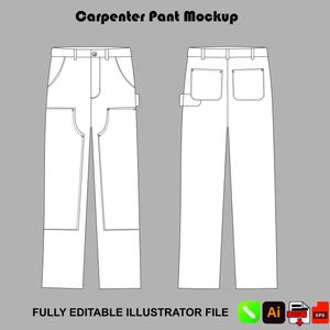 Könnte beinhalten: Eine schwarz-weiße technische Strichzeichnung einer Zimmermannshose in Vorder- und Rückansicht. Der Text Carpenter Pant Mockup steht oben und der Text FULLY EDITABLE ILLUSTRATOR FILE steht unten neben Dateisymbolen.