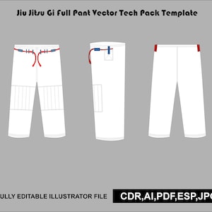 Puede incluir: Una plantilla de paquete técnico vectorial de pantalón completo de Jiu Jitsu Gi que muestra pantalones blancos con un cordón rojo, detalles azules y paneles de refuerzo en las rodillas. Incluye el texto Jiu Jitsu Gi Full Pant Vector Tech Pack Template y CDR, AI, PDF, ESP, JPG.