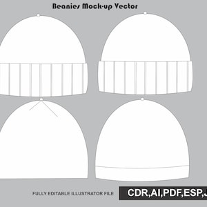 Pode incluir: Uma ilustração vetorial digital de quatro modelos de gorros num fundo cinzento. O texto diz Beanies Mock-up Vector e FULLY EDITABLE ILLUSTRATOR FILE CDR, AI, PDF, ESP, JPG. Dois gorros têm punhos canelados, dois são lisos.