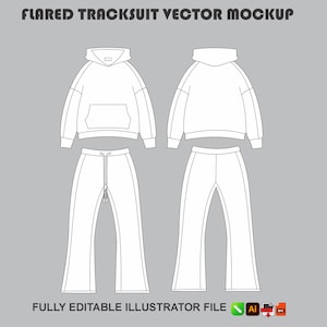 Flared Tracksuit Vector Mockup | Streetwear Track Suit Template | Apparel Tech Pack | Illustrator
