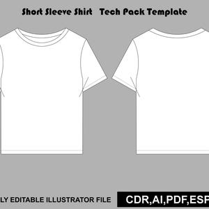 Puede incluir: Una plantilla técnica de camiseta de manga corta que muestra vistas frontal y posterior con contornos negros. El texto dice Short Sleeve Shirt Tech Pack Template y FULLY EDITABLE ILLUSTRATOR FILE con formatos CDR, AI, PDF, ESP, JPG.