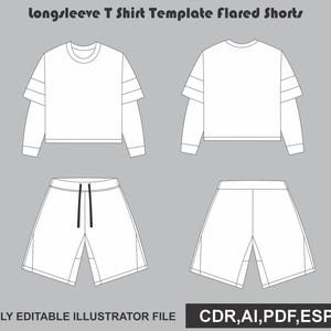 May include: A digital fashion design template featuring a white long-sleeve t-shirt and flared shorts, shown from front and back views. The text reads: longsleeve T Shirt Template flared Shorts and FULLY EDITABLE ILLUSTRATOR FILE CDR,AI,PDF,ESP,JPG.