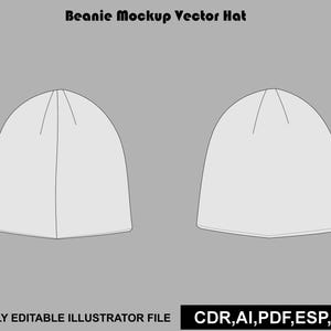 May include: A digital vector illustration of two light grey beanies shown from different angles. The text Beanie Mockup Vector Hat appears at the top, and the text FULLY EDITABLE ILLUSTRATOR FILE CDR, AI, PDF, ESP, JPG appears at the bottom.