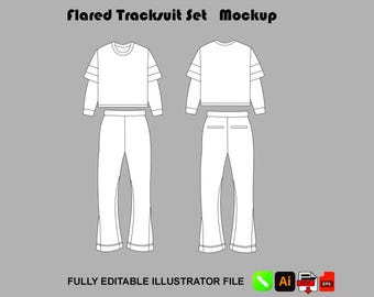 Streetwear-Trainingsanzug-Mockup: Tech Pack für ausgestellte Jogginghosen (AI, Procreate, PNG)