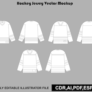 May include: A digital vector mockup of hockey jerseys featuring front and back views with V-necklines and horizontal sleeve stripes. The text reads Hockey Jersey Vector Mockup and Fully Editable Illustrator File CDR, AI, PDF, ESP, JPG.