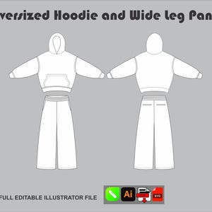 Oversized Hoodie & Wide Leg Sweatpants Vector Mockup Streetwear Tech Pack  AI PNG Procreate Template