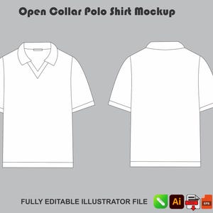 Pode incluir: Um mockup digital de uma camisa polo de gola aberta exibida nas vistas frontal e traseira. A camisa é branca com contornos pretos. O texto Open Collar Polo Shirt Mockup está no topo e Fully Editable Illustrator File na base.