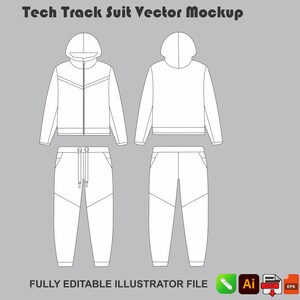 Peut inclure: Un modèle vectoriel de survêtement technique blanc comprenant une veste à capuche zippée et un pantalon assorti, vus de face et de dos. Le texte Tech Track Suit Vector Mockup et FULLY EDITABLE ILLUSTRATOR FILE est accompagné d'icônes de fichiers.
